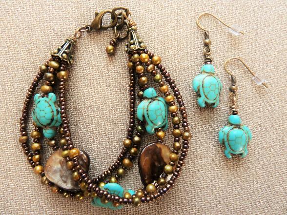 Turquoise Sea Turtle & Copper Pearls Bracelet and Earrings by Jewelry Designs by Kara